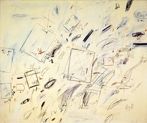 Cy Twombly, Untitled (Bolsena), 1969. House paint, oil, crayon and pencil on canvas, 78 × 98 ½ inches (198.1 × 250.2 cm)