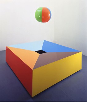 Damien Hirst, Loving in a World of Desire, 1996 MDF, steel, air blower and beach ball, 78 × 78 × 23 5/16 inches (198.1 × 198.1 × 59.3 cm)