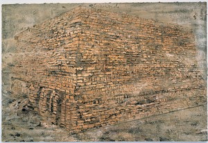 Anselm Kiefer, Sonnenreste, 1997. Emulsion, acrylic, shellac, burnt clay and san on canvas, 149 ⅝ × 220 ½ inches (380 × 560 cm)