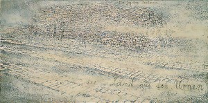 Anselm Kiefer, Der sand aus den urnen, 1997. Emulsion, shellac, acrylic, clay and sand on canvas, 110 ½ × 220 ½ inches (280 × 560 cm)