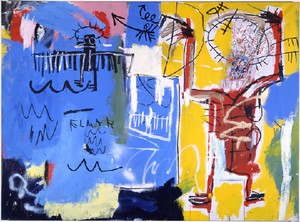 Jean-Michel, Untitled, 1982. Acrylic, oilstick, spray paint, and collage on canvas, 68 ½ × 93 inches (174 × 236.2 cm) © The Estate of Jean-Michel Basquiat