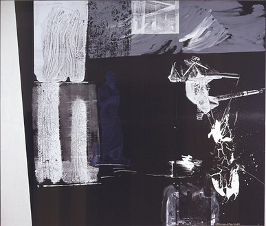 Robert Rauschenberg, Philosopher's Night Circus, 1989 Acrylic and enamel on enameled aluminum, 3 panels: 120 × 144 inches overall (304.8 × 365.8 cm)