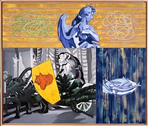 David Salle, Monkey Cart, 1999. Oil and acrylic on canvas with insert panel, 77 × 92 inches (195.6 × 233.7 cm)
