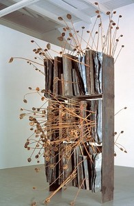 Anselm Kiefer, Horus, 1998. Steel bookcase with lead books and dried sunflowers, 135 ½ × 59 × 65 inches (344.2 × 149.9 × 165.1 cm)
