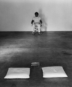 Chris Burden, Deluxe Photo Book, 1971–73, 1974 (detail; photograph of Jaizu, June 10–11, 1972). Gelatin silver prints, chromogenic prints, and typewritten note in loose-leaf binder with hand-painted cover, 12 x 12 x 3 inches (30.5 x 30.5 x 7.6 cm), edition of 50 © Chris Burden/Licensed by The Chris Burden Estate and Artists Rights Society (ARS), New York
