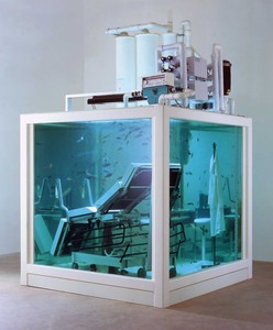 Damien Hirst, Love Lost, 2000. Aquatic tank and filtration unit, couch, table, stool, surgical instruments, computer, ring, cup, watch, and fish, 108 × 84 × 84 inches (274.3 × 213.4 × 213.4 cm) © Damien Hirst and Science Ltd. All rights reserved, DACS 2020