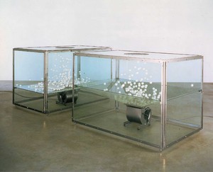 Damien Hirst, Theories, Models, Methods, Approaches, Assumptions, Results and Findings, 2000. Stainless steel and glass vitrines with ping pong ball and blowers, in 2 parts, each: 48 × 71 × 45 inches (121.9 × 180.3 × 114.3 cm) © Damien Hirst and Science Ltd. All rights reserved, DACS 2020