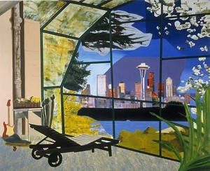 Dexter Dalwood, Kurt Cobain's Greenhouse, 2000. Oil on canvas, 84 ¼ × 101 ½ inches (214 × 257.8 cm)