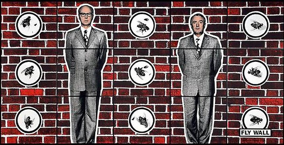 Gilbert & George, FLY WALL, 1998 Hand colored photographs, 15 panels: 74 ¾ × 148 ½ inches overall (189.9 × 377.2 cm)