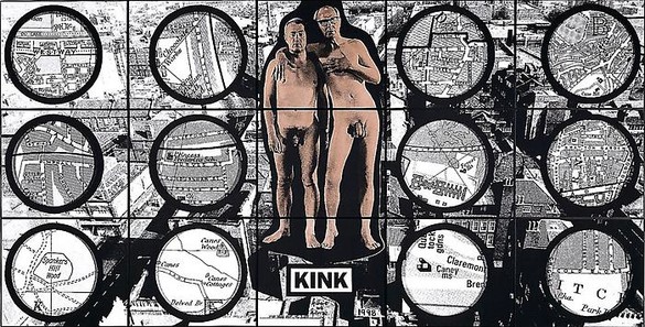 Gilbert & George, KINK, 1998 Hand colored photographs, 15 panels: 74 ¾ × 148 ½ inches overall (189.9 × 377.2 cm)