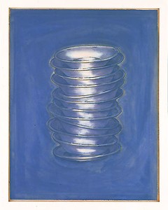 Robert Therrien, No title (blue stacked plates), 2000. Enamel and etching on paper, 44 ½ × 34 ½ inches (113 × 87.6 cm)