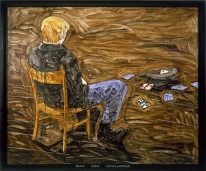 Neil Jenney, Man and Challenge, 1969. Acrylic on canvas with painted wood frame, 59 ½ × 71 ⅜ inches (151.1 × 181.3 cm)