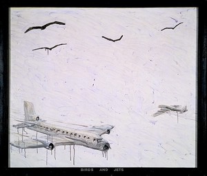 Neil Jenney, Birds and Jets, 1969. Acrylic on canvas with painted wood frame, 61 × 71 ¾ inches (154.9 × 182.2cm)
