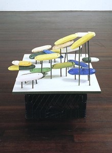Al Taylor, Floaters (Pill Heads), 1998. Fishing floats, acrylic, bamboo, mica, pencil, formica and wood, 28 ½ × 24 ½ × 31 inches (72.4 × 62.2 × 78.7 cm)