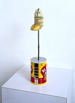 Al Taylor, Bondage Duck #2, 1998 Fishing floats, rubber bands, latex, bamboo, plastic, mica and sand filled coffee can, 18 × 4 ¼ × 4 ¼ inches (45.7 × 10.8 × 10.8 cm)
