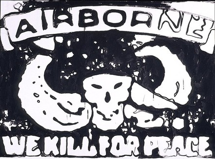 Andy Warhol, Airborne - We Kill for Peace (pos), 1985–86 Synthetic polymer paint on canvas, 50 × 68 inches (127 × 172.2 cm)