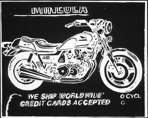 Andy Warhol, Mineola Motorcycle (neg), 1985–86. Synthetic polymer paint and silkscreen ink on canvas, 16 × 20 inches (40.6 × 50.8 cm)