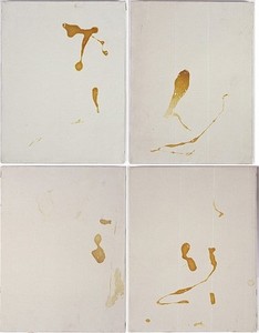 Andy Warhol, Cum Painting, c. 1978. Semen on gesso on canvas, 4 panelsl: 24 × 18 inches overall (61 × 45.7 cm)