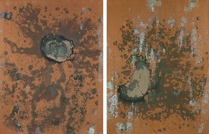 Andy Warhol, Oxidation Painting, 1978. Urine and metallic pigment in acrylic medium on canvas, 2 panels: 40 × 60 inches overall (101.6 × 152.4 cm)