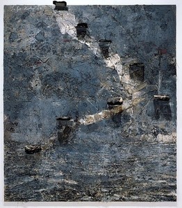 Anselm Kiefer, Sefer Hechaloth, 2002. Oil, emulsion, acrylic, metal shelves and burned books on canvas, 147 ½ × 130 inches (375 × 330 cm) Photo: Tom Powel