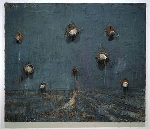 Anselm Kiefer, Die Sieben Himmelspaläste, 2002. Oil, emulsion, acrylic, lead objects and steel traps on canvas, 110 × 130 inches (280 × 330 cm) Photo: Tom Powel