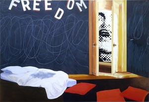 Dexter Dalwood, Situationist Apartment May '68, 2001. Acrylic and oil on canvas, 97 × 134 ½ inches (246.4 × 355.6 cm)