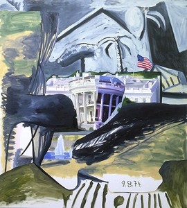 Dexter Dalwood, Nixon's Departure, 2001. Oil on canvas, 101 ½ × 91 inches (257.8 × 231.1 cm)