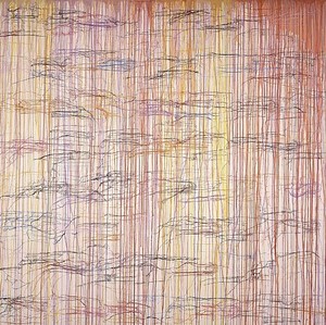 Ghada Amer, Anjie, 2002. Acrylic and gel medium on canvas, 88 × 88 inches (223.5 × 223.5 cm)
