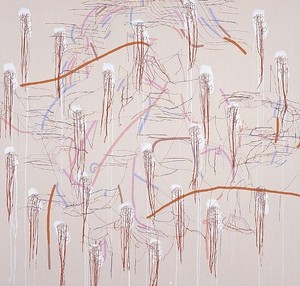 Ghada Amer, A Kiss from Alison, 2002. Acrylic and gel medium on canvas, 50 × 52 inches (127 × 132.1 cm)