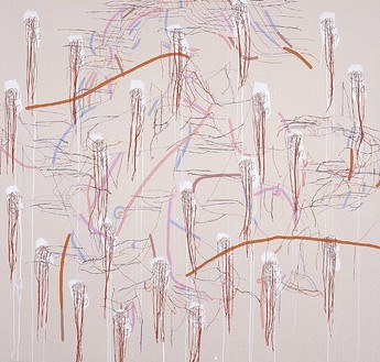 Ghada Amer, A Kiss from Alison, 2002 Acrylic and gel medium on canvas, 50 × 52 inches (127 × 132.1 cm)