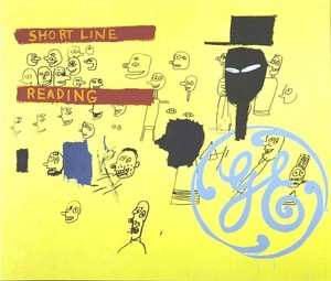 Andy Warhol &amp; Jean-Michel Basquiat, GE Short Line &amp; Reading, c. 1984–85. Synthetic polymer paint and silkscreen ink on canvas, 76 × 88 inches (193 × 223.5 cm)