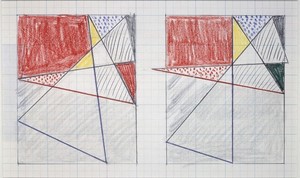 Roy Lichtenstein, Two Studies for Imperfect Painting, 1987. Colored pencil on graph paper, 8 ½ × 11 inches (21.6 × 27.9 cm) © Estate of Roy Lichtenstein
