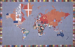 Alighiero E Boetti, Mappa, 1984. Embroidery, 44 ¼ × 69 ¾ inches (112.4 × 177.x cm)