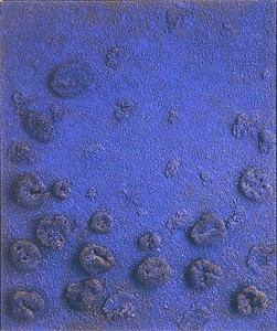Yves Klein, RE 21, 1960. Sponges, stones and blue pigment on board, 78 × 65 inches (198.1 × 165.1 cm). Private collection
