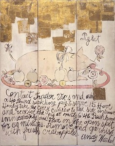Andy Warhol, Suckling Pig, 1955–57. Standing screen: mixed media, transfer print, gouache, and gold leaf on wood, 3 panels, 64 ¾ × 51 ¾ inches (164.5 × 131.4 cm) © The Andy Warhol Foundation for the Visual Arts, Inc./Artists Rights Society (ARS), New York
