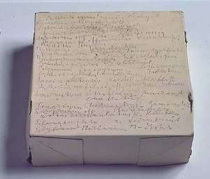 Jospeh Beuys, Ohne Titel (Heilkrauterverzeichnis der im Garten des Kunstlers wachsende Pflanzen), 1974. Pencil on cardboard box, 13 ¼ × 13 ¼ × 5-11/12 inches (33.5 × 33.5 × 15 cm)