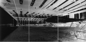 Vera Lutter, Frankfurt Airport, Hangar 5, XVI: May 12-15, 2001, 2001. Unique gelatin silver print, 3 panels: 82 ¾ × 167 ¼ inches overall (210.2 × 424.8 cm)