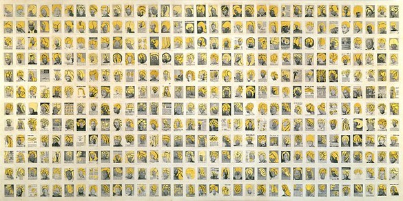 Ellen Gallagher, Falls & Flips, 2001 Plasticine, ink and paper on canvas, 96 × 192 inches (243.8 × 487.7 cm)