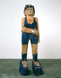 Georg Baselitz, Frau Ultramarin, 2004. Cedar and oil color, 116 ⅜ × 37 × 42 ⅛ inches (295.5 × 94 × 107 cm)