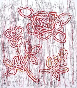 Ghada Amer, The Big Red Rose-RFGA, 2004. Acrylic, embroidery and gel medium on canvas, 72 × 64 inches (182.9 × 162.6 cm)