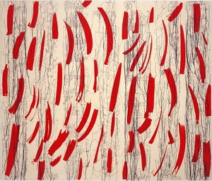 Ghada Amer, Red Strokes on Raw Canvas - RFGA, 2004. Acrylic, embroidery & gel medium on canvas, 72 × 84 inches (182.9 × 213.4 cm)
