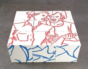 Ghada Amer, Les Poufs, 2004. Acrylic and lacquer, Dimensions variable /each cube: 16 × 16 × 16 inches, edition of 6