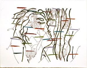 Ghada Amer, Undercover, 2004. Acrylic, colored pencil and embroidery on paper, 22 ½ × 28 inches (57.2 × 71.1 cm)