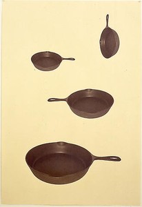 Robert Therrien, No title (skillets), 2003. Digitally printed unique photograph with graphite on paper, 65 ½ × 46 ¼ inches framed (166.4 × 117.5 cm)