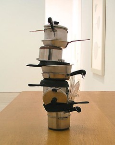 Robert Therrien, No title (mini stacked pots and pans I, red knob), 2003. Stainless steel and plastic, 16 × 9 × 9 inches (40.6 × 22.9 × 22.9 cm)