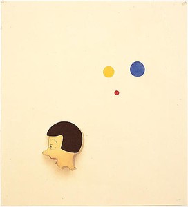 Robert Therrien, No title (Joyce with red, yellow and blue dots), 2003. Enamel and inkjet on paper, 37 ¾ × 34 ½ inches framed (95.9 × 87.6 cm)