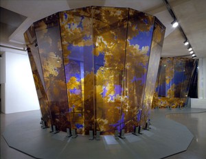 Brian Clarke, Lamina, 2005 (view 1). Wall: Triple laminate float glass and dot matrix; Base: painted steel, 144 × 1188 inches (366 × 3000 cm)