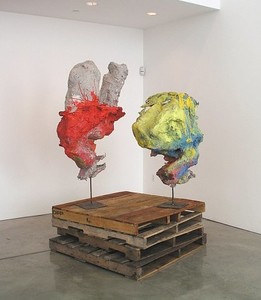Franz West, Caiphas &amp; Kepler, 2005. 2 sculptures: papier-maché, steel, acrylic, lacquer, Red: 59 × 31 ⅞ × 22 inches (150 × 81 × 56 cm), Yellow/blue: 45 ⅝ × 29 ⅛ × 24 ⅜ inches (116 × 74 × 62 cm)
