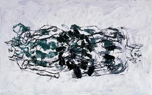 Georg Baselitz, Bilddrei, 1991. Oil on canvas, 112 ½ × 180 inches (285.8 × 457.2 cm)