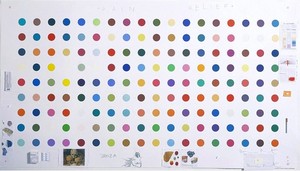 Damien Hirst, Pain Relief, 2004. Unique print on paper with pencil, ink, collage, cigarette, pills, and pharmaceutical packaging, 43 × 80 inches (109.2 × 203.2 cm)